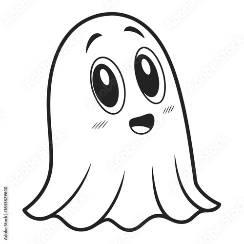 Outline ghost with big eyes smiles charmingly, creating a cute, friendly, spectral image