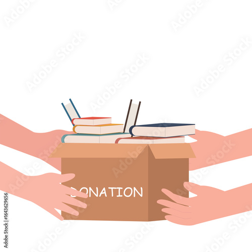 Hand giving and receiving donation box with full of books. cardboard box with books for donation international book giving day vector illustration