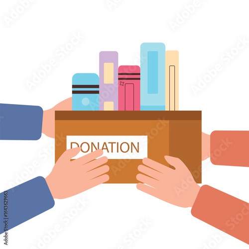 Hand giving and receiving donation box with full of books. cardboard box with books for donation international book giving day vector illustration