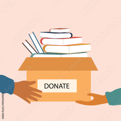 Hand giving and receiving donation box with full of books. cardboard box with books for donation international book giving day vector illustration