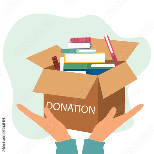 Hand giving and receiving donation box with full of books. cardboard box with books for donation international book giving day vector illustration