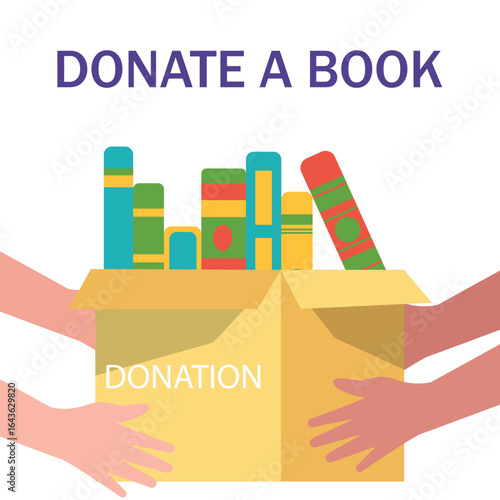Hand giving and receiving donation box with full of books. cardboard box with books for donation international book giving day vector illustration