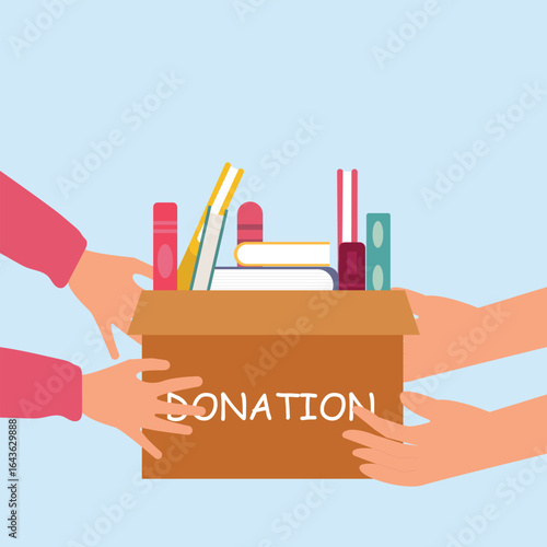 Hand giving and receiving donation box with full of books. cardboard box with books for donation international book giving day vector illustration
