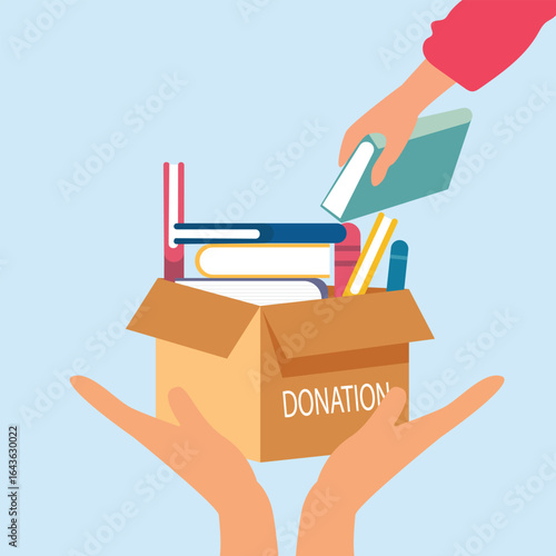 Hand giving and receiving donation box with full of books. cardboard box with books for donation international book giving day vector illustration