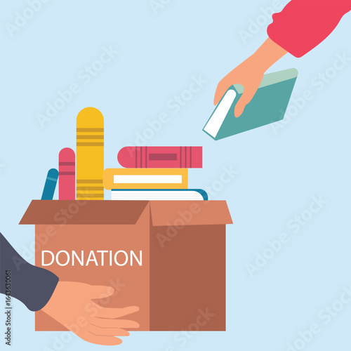Hand giving and receiving donation box with full of books. cardboard box with books for donation international book giving day vector illustration