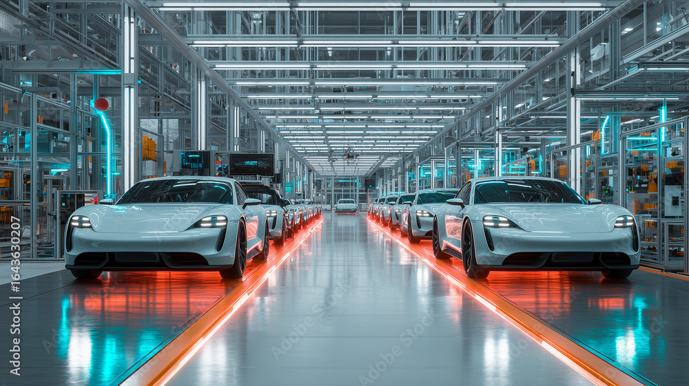 Fototapeta premium Luxury Sports Cars in Bright Modern Automotive Factory Interior