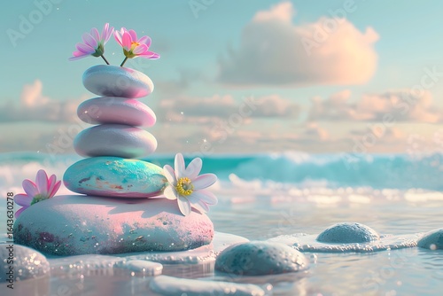 Stack of pastel stones adorned with flowers on a beach with a serene ocean backdrop at daytime