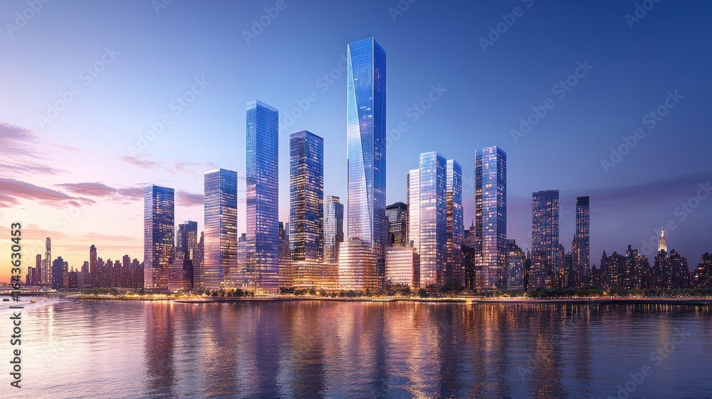 Obraz premium Modern Skyscrapers at Sunset Along a Waterway
