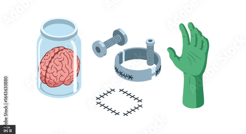 Halloween Mad Scientist Lab Elements, Brain, Zombie Hand, Glass Jar, Stitches, Frankenstein