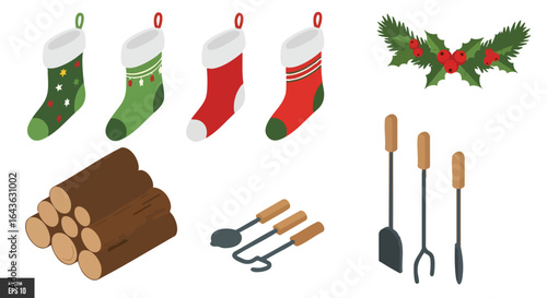 Festive Winter Home Decor, Christmas Stockings, Firewood Logs, Fireplace Tools, Holly Berries, Isometric Vector.