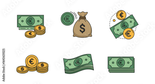 Vector Illustration Set of Money Cash Euro Coins and Dollar Bag