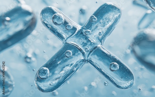 Close-up of translucent, X-shaped gel structures suspended in a light-blue, bubbly liquid.  The structures are glossy and appear three-dimensional