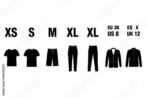 Black clothing silhouettes with size and international sizing labels