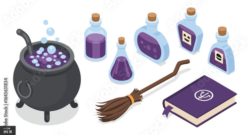 Isometric Witchcraft Halloween Elements, Cauldron, Potions, Broom, Spellbook, Magic, Fantasy, Mystical, Purple