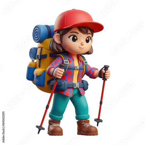 3d icon of cartoon hiker with backpack and trekking poles isolated on transparent background