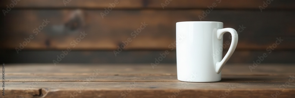 Fototapeta premium Empty white mug on rustic wood, extensive negative space , object, flat lay