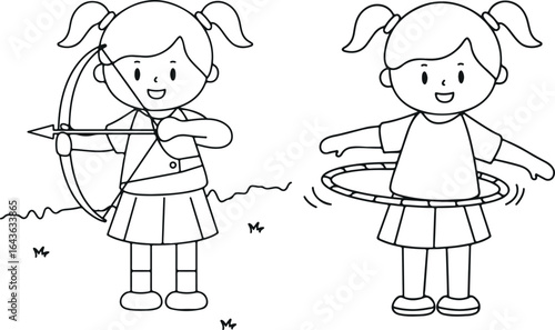  Girl Playing Hula Hoop – Exercise, Fitness, Outdoor, Game, Child, Sport, Fun, Activity, Cartoon, Illustration, Healthy, Minimal, Outline, Cute, Playtime, Recreation, Kids, Energy, Coloring Page