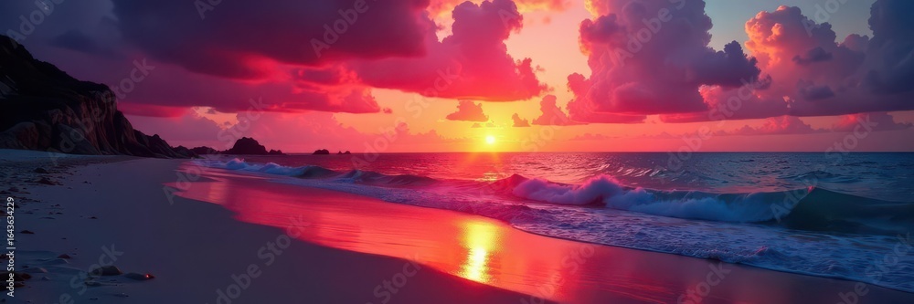 Fototapeta premium Fiery hues blaze across ocean, beach silhouetted against vibrant sky, sky, reflection, summer