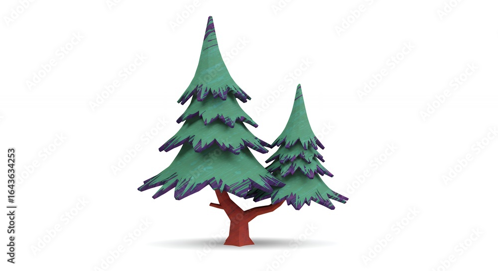 Obraz premium Two cartoon pine trees against white background