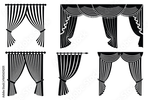 Vector art of monochrome curtain designs isolated on white background a collection of decorative window coverings for interior decor, featuring various styles and patterns in black and white