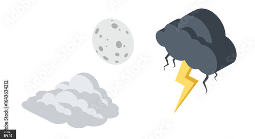 Isometric Weather Icons Vector Collection, Moon, Storm, Lightning, Cloud, Sky, Climate