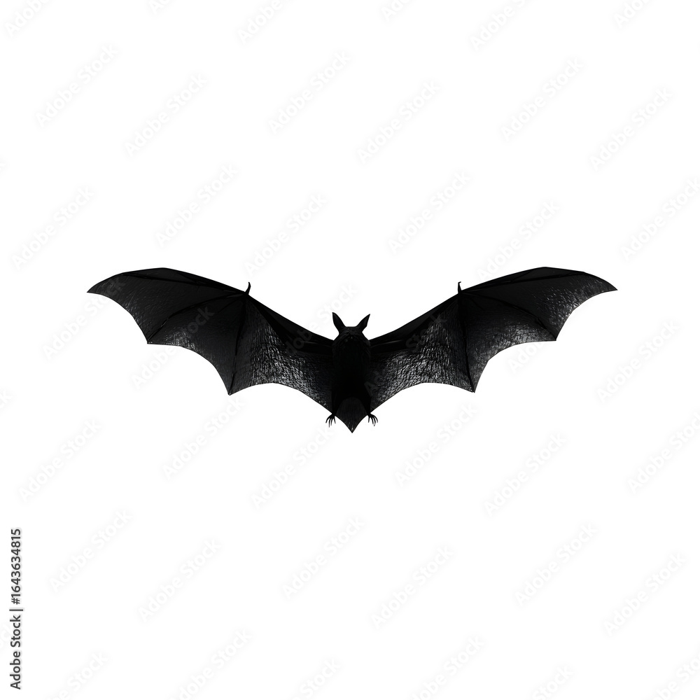 Fototapeta premium A silhouetted bat in flight with outstretched wings, set against a stark, black background for a bold visual.
