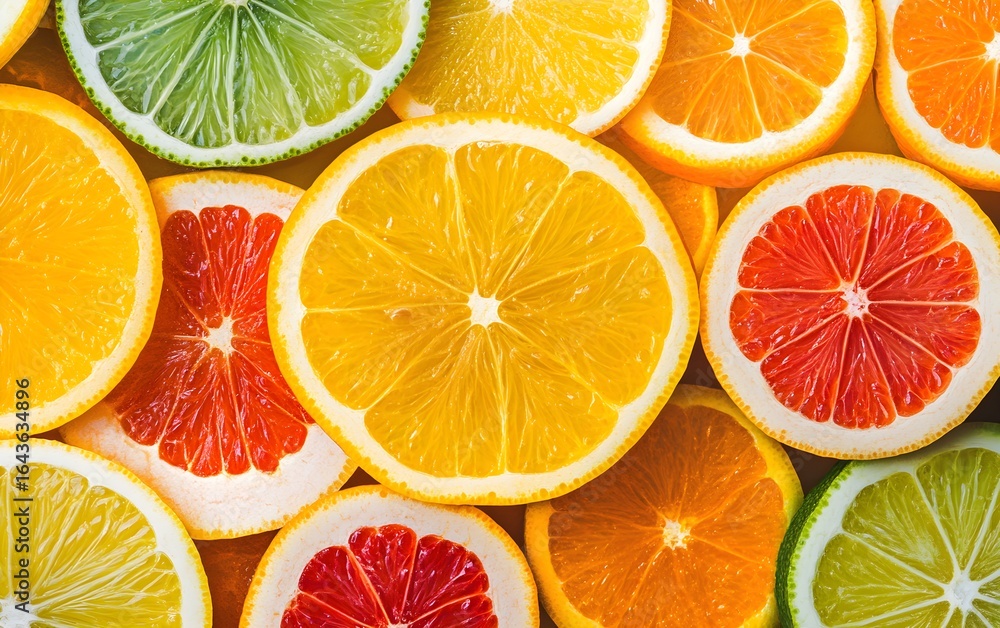 Obraz premium Vibrant Citrus Fruit Background Slices Oranges Lemons Limes Grapefruit