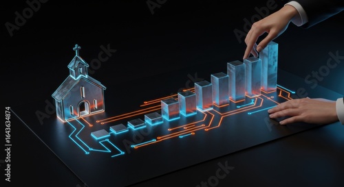Woman hand developing a glowing church building and a rising bar chart. Religious growth and community support.