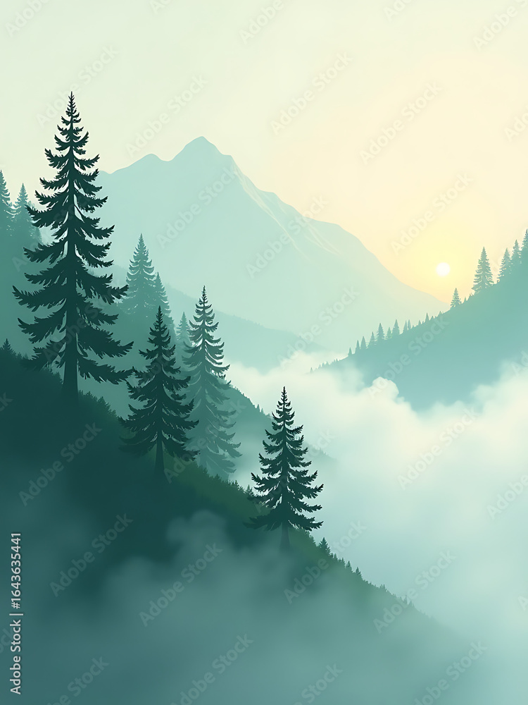Fototapeta premium serene row towering green pine trees gradually dissolves mystical landscape soft morning sunlight casting ethereal