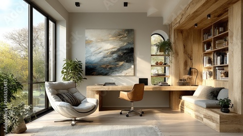 Modern home office with large windows, wooden accents, and art