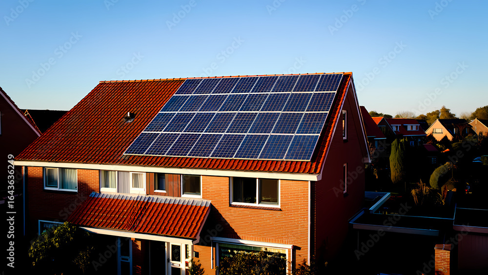 Fototapeta premium Modern Solar Panels on the Red Tiled Roof of a Brick House on a Sunny Day