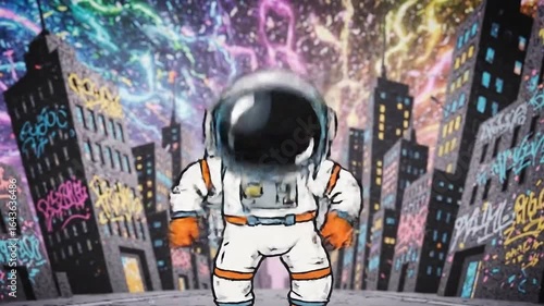Cartoon Astronaut in Graffiti City 4k video