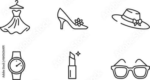 A collection of six minimalist line icons featuring a dress, high heel, hat, watch, lipstick, and sunglasses.
