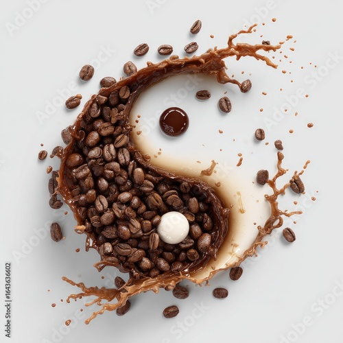 Coffee bean yin yang symbol formed by a splash of dark liquid, featuring whole beans and a contrasting white and dark sphere in the center