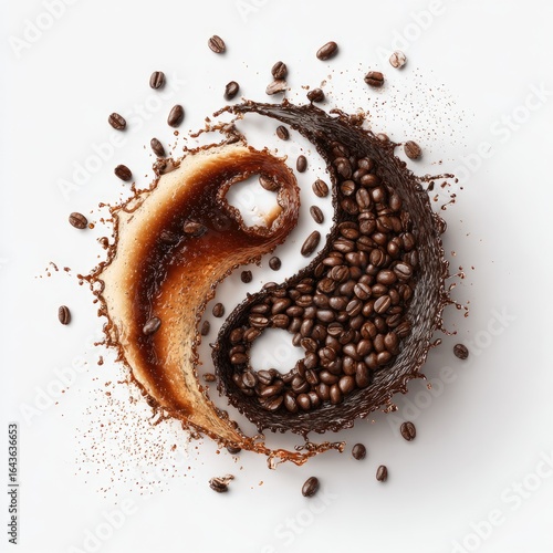 Coffee bean yin-yang symbol formed by dark and light brown coffee splashes, scattered beans on white background