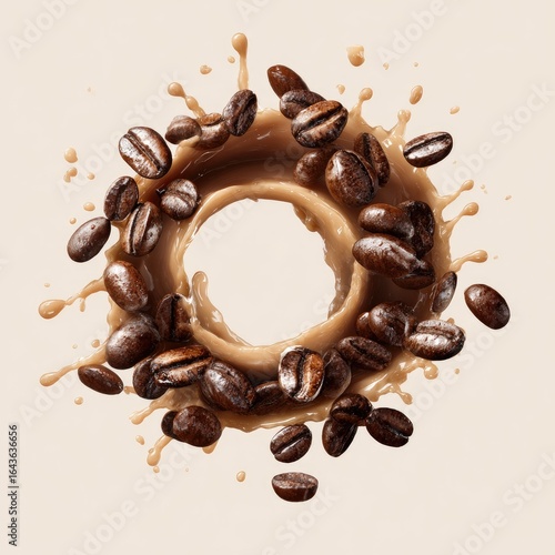 Coffee beans and creamer form a circular splash, creating a ring with a central empty space against a beige background
