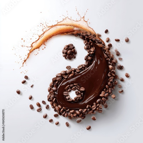 Coffee beans and liquid form yin-yang symbol;  brown liquid splashes dynamically, encircled by beans on a white background