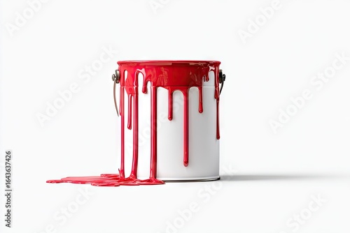 A white paint can, slightly tilted, overflows with vibrant crimson paint, dripping down its sides and pooling on a white surface