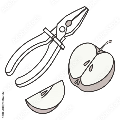 A pair of pliers and a sliced apple with a wedge on a dark background representing a concept of cutting or manipulation