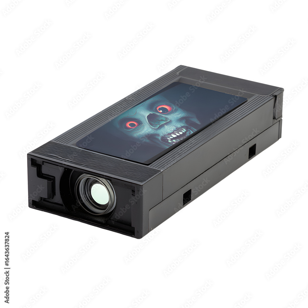 Fototapeta premium Projector displays a terrifying zombie image. High contrast shows the spooky design on a flat surface.