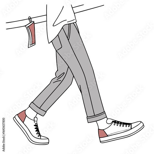 Abstract illustration of a person walking in grey pants and black shoes with pink accents on a black background