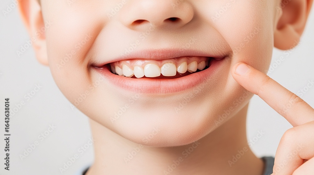 Fototapeta premium Close - up of Child's Smiling Teeth: Focus on Children's Dental Health, Dental Examination and Oral Care Scenarios