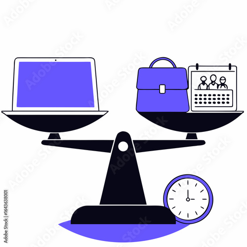 Conceptual illustration of work life balance with a laptop on one side of a scale and a briefcase and calendar on the other
