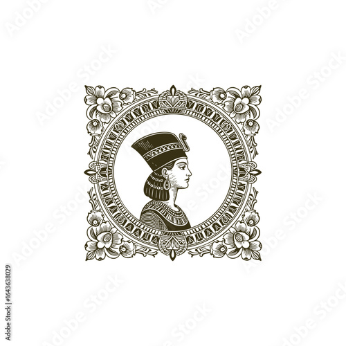 engraving style logo illustration of the goddess Osiris framed by an ornate vintage frame. Intricate linework emphasizes divine elegance and ancient Egyptian grandeur, perfect for luxury, mythology