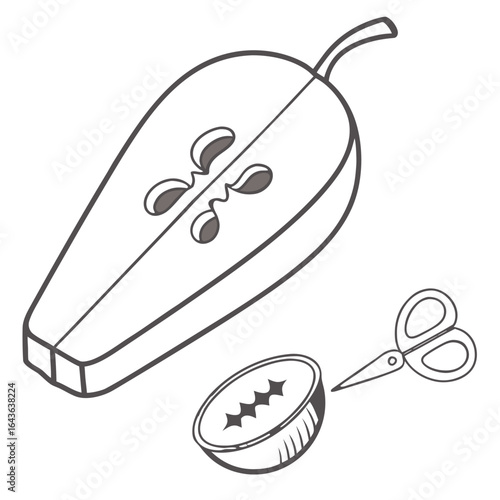 Hand drawn illustration of a pear cut in half with seeds and a small pair of scissors next to a slice