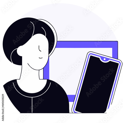 Flat illustration of a person with short hair looking at a smartphone with a tablet screen behind them