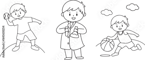 Boy Scientist – Lab Coat, Experiment, Education, Science, Learning, Child, Cartoon, Illustration, Minimal, Outline, Student, Knowledge, Research, Glasses, School, Doodle, Happy
