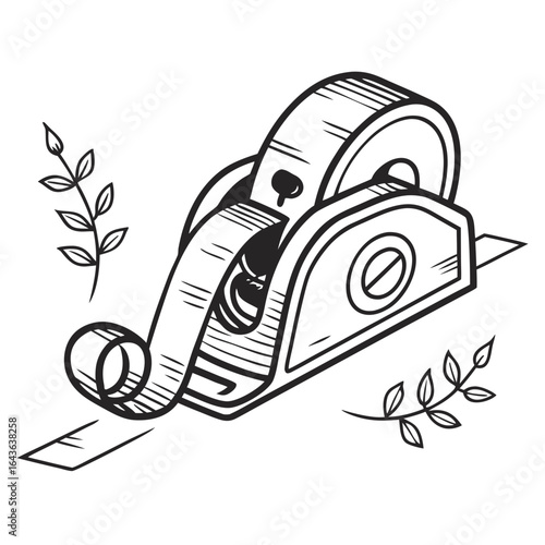 Hand drawn illustration of a tape dispenser with tape being dispensed and decorative leaves on a black background
