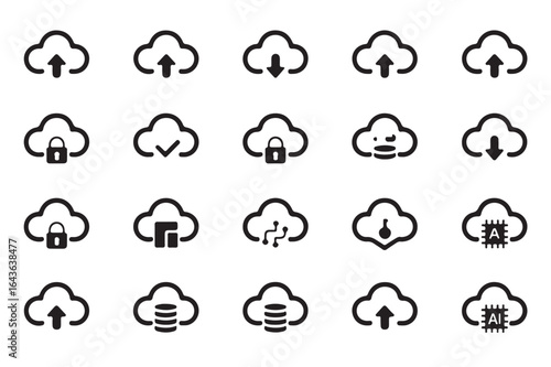 Cloud computing icon set representing data transfer and storage