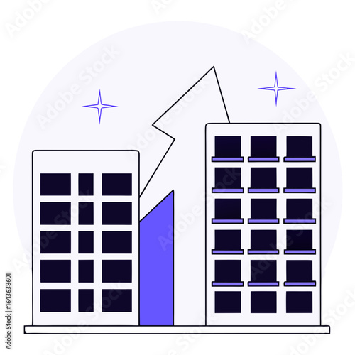 Modern flat design illustration of two tall buildings with a geometric abstract shape in the background